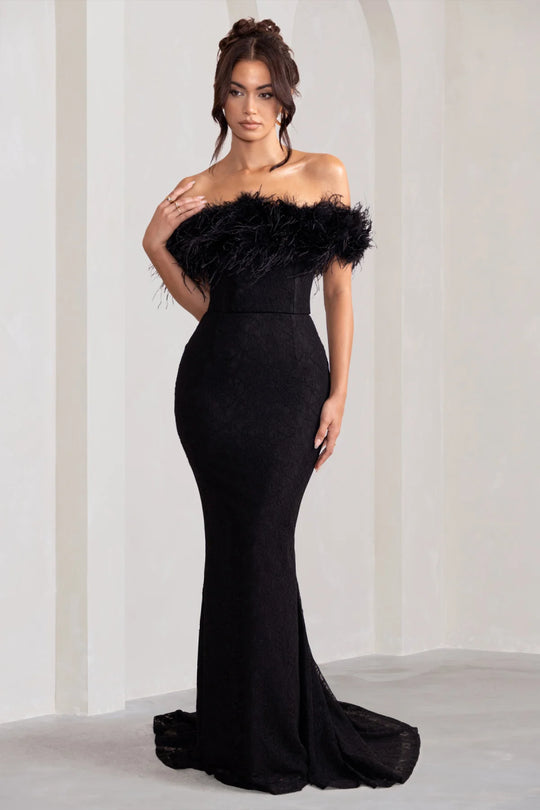 Seraphine | Robe Longue Bardot en Dentelle Noire avec Détail de Plumes