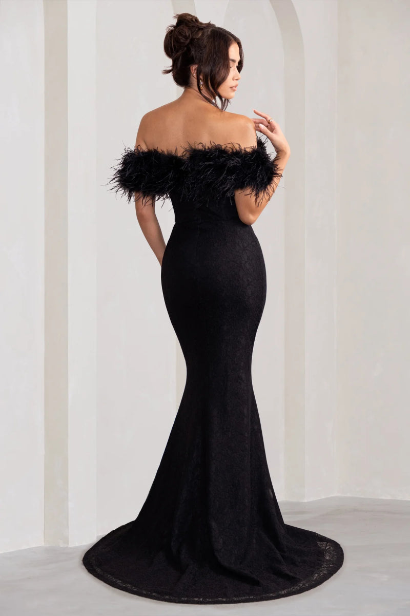 Seraphine | Robe Longue Bardot en Dentelle Noire avec Détail de Plumes