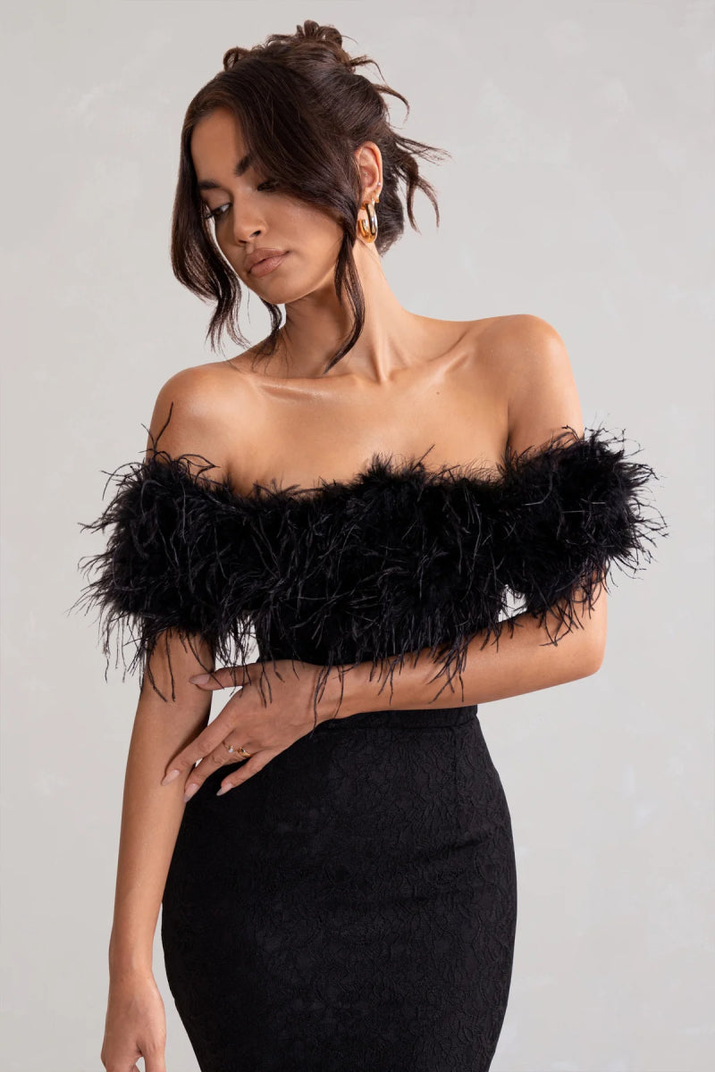 Seraphine | Robe Longue Bardot en Dentelle Noire avec Détail de Plumes