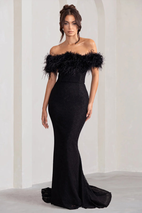 Seraphine | Robe Longue Bardot en Dentelle Noire avec Détail de Plumes